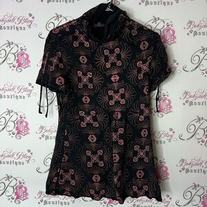 Fornarina top mock neck Elegant Black and Pink Floral tie up ribbon sleeve 90s